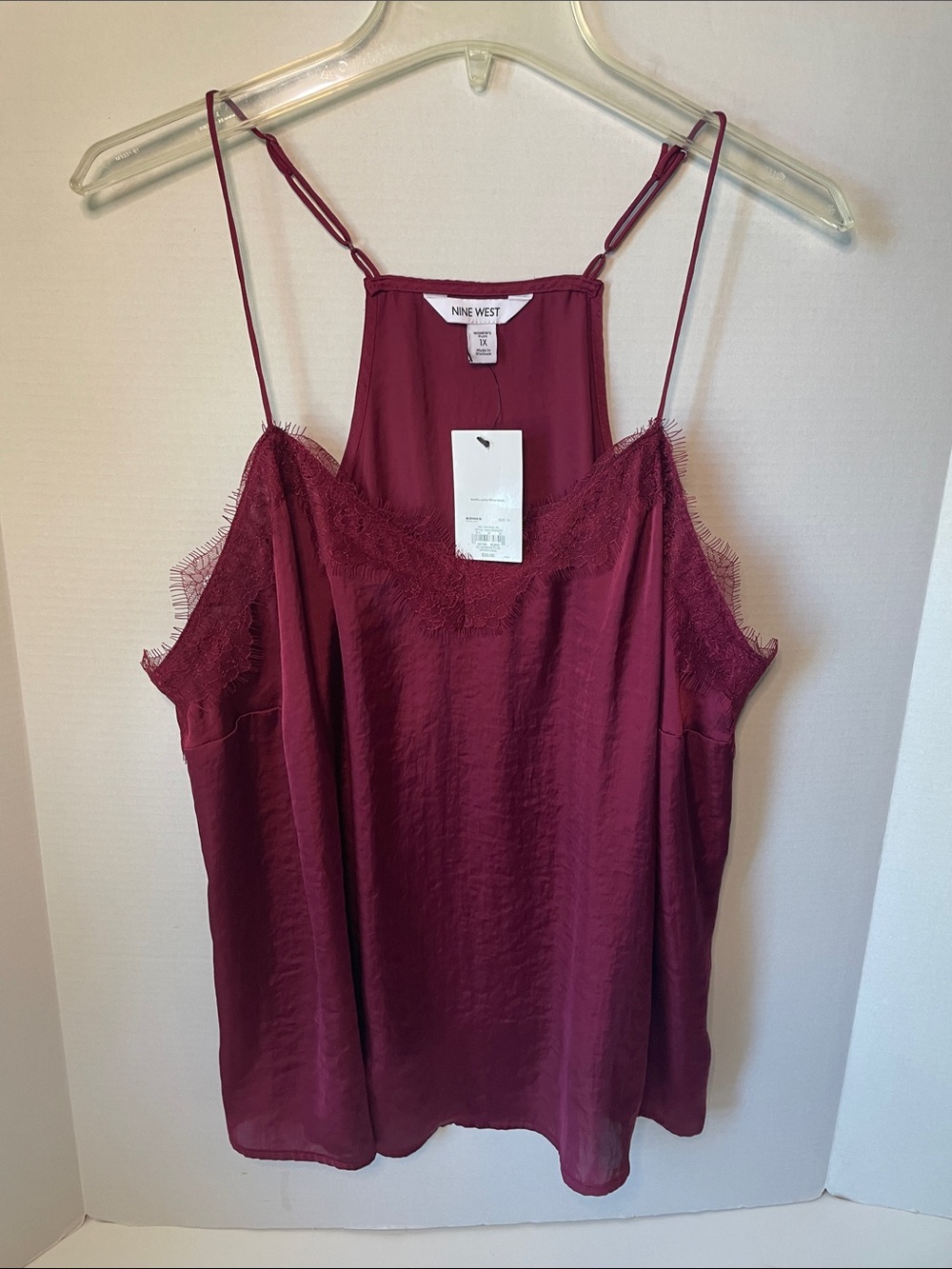 Nine West Women's Size 1X Burgundy Lace-Trim Satin Camisole Tank Top NWT Boho